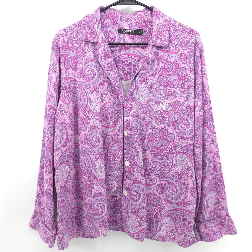 Lauren Ralph Lauren Womens Pajama Top Large Pink Paisley Button Down Sleepwear